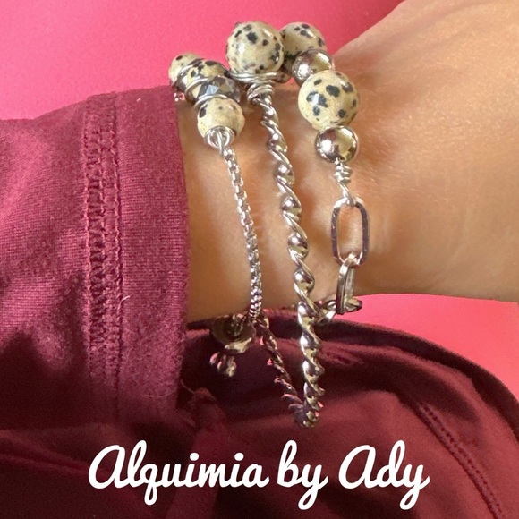 Dalmatian jasper beaded chunky silver statement cuff bangle bracelet - Picture 4 of 7